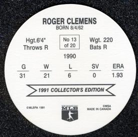 1991 Holsum Discs #13 Roger Clemens Back