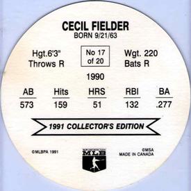 1991 Holsum Discs #17 Cecil Fielder Back