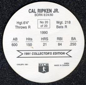 1991 Holsum Discs #20 Cal Ripken Jr. Back