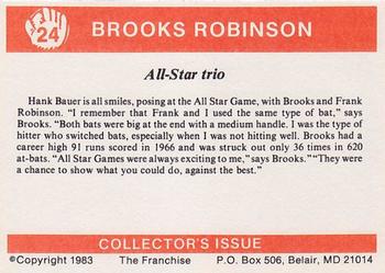 1983 Franchise Brooks Robinson #24 All-Star trio (Brooks Robinson / Hank Bauer / Frank Robinson) Back
