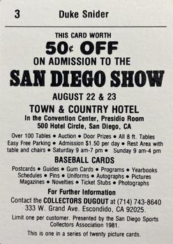 1981 San Diego Sports Collectors #3 Duke Snider Back
