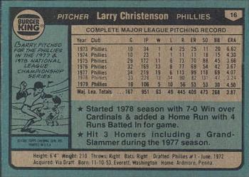 1980 Topps Burger King Philadelphia Phillies #16 Larry Christenson Back