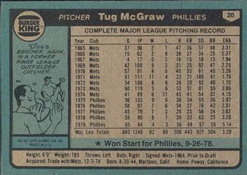 1980 Topps Burger King Philadelphia Phillies #20 Tug McGraw Back