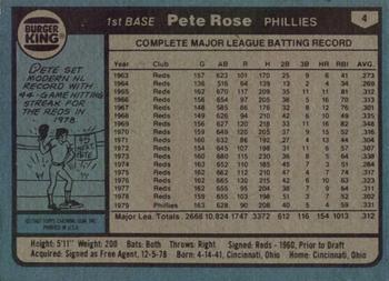 1980 Topps Burger King Philadelphia Phillies #4 Pete Rose Back