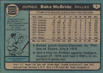 1980 Topps Burger King Philadelphia Phillies #9 Bake McBride Back