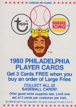 1980 Topps Burger King Philadelphia Phillies #NNO Checklist Front