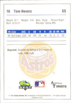 1991 Classic Best Asheville Tourists #16 Tom Nevers Back