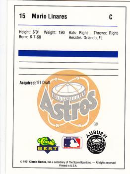 1991 Classic Best Auburn Astros #15 Mario Linares Back