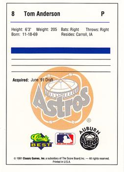 1991 Classic Best Auburn Astros #8 Tom Anderson Back