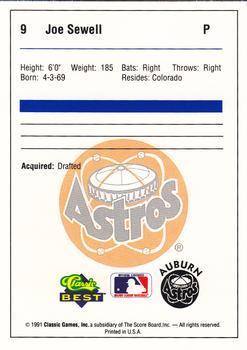1991 Classic Best Auburn Astros #9 Joe Sewell Back