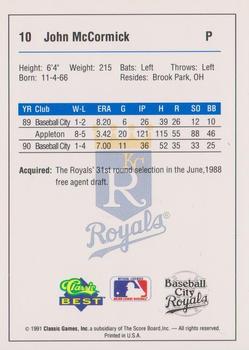 1991 Classic Best Baseball City Royals #10 John McCormick Back