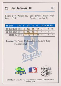 1991 Classic Best Baseball City Royals #23 Jay Andrews  Back