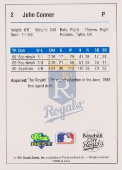 1991 Classic Best Baseball City Royals #2 John Conner Back
