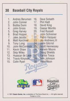 1991 Classic Best Baseball City Royals #30 Pete Filson Back