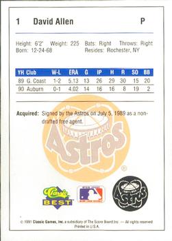 1991 Classic Best Burlington Astros #1 David Allen Back
