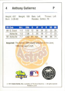 1991 Classic Best Burlington Astros #4 Anthony Gutierrez Back