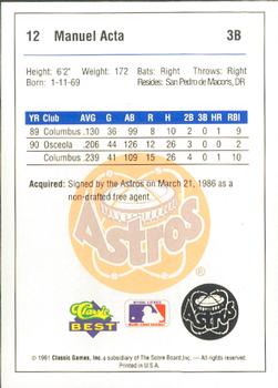 1991 Classic Best Burlington Astros #12 Manuel Acta Back