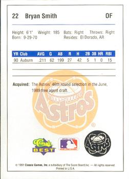 1991 Classic Best Burlington Astros #22 Bryan Smith Back