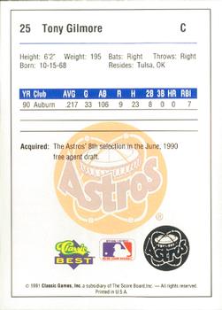 1991 Classic Best Burlington Astros #25 Tony Gilmore Back