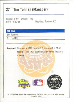 1991 Classic Best Burlington Astros #27 Tim Tolman Back
