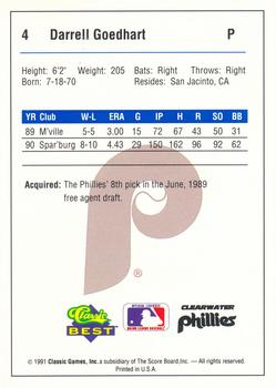 1991 Classic Best Clearwater Phillies #4 Darrell Goedhart Back