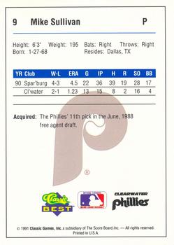 1991 Classic Best Clearwater Phillies #9 Mike Sullivan Back