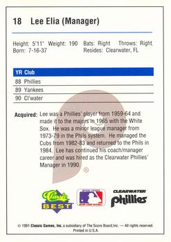 1991 Classic Best Clearwater Phillies #18 Lee Elia Back