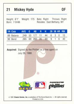 1991 Classic Best Clearwater Phillies #21 Mickey Hyde Back