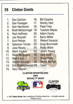 1991 Classic Best Clinton Giants #29 Team Back