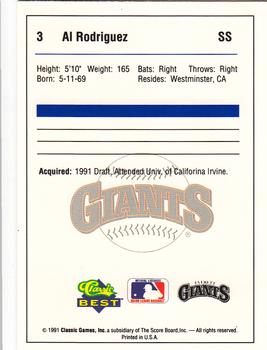 1991 Classic Best Everett Giants #3 Al Rodriguez Back