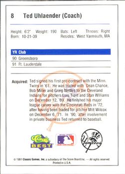 1991 Classic Best Ft. Lauderdale Yankees #8 Ted Uhlaender Back
