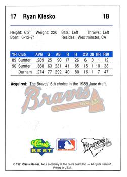 1991 Classic Best Greenville Braves #17 Ryan Klesko Back