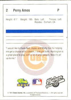 1991 Classic Best Huntington Cubs #2 Perry Amos Back