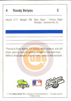 1991 Classic Best Huntington Cubs #4 Randy Belyeu Back