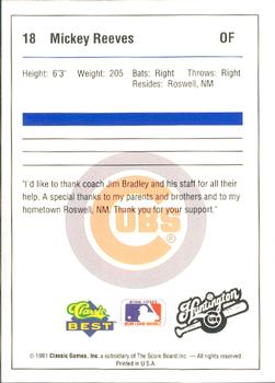 1991 Classic Best Huntington Cubs #18 Mickey Reeves Back