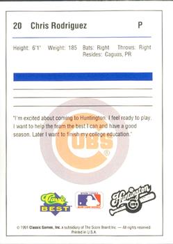 1991 Classic Best Huntington Cubs #20 Chris Rodriguez Back