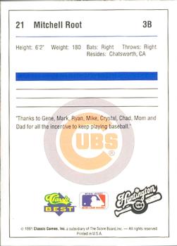 1991 Classic Best Huntington Cubs #21 Mitchell Root Back
