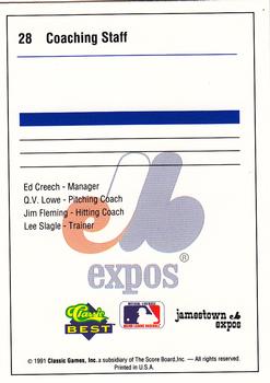 1991 Classic Best Jamestown Expos #28 Coaching Staff (Ed Creech / Q.V. Lowe / Jim Fleming / Lee Slagle) Back