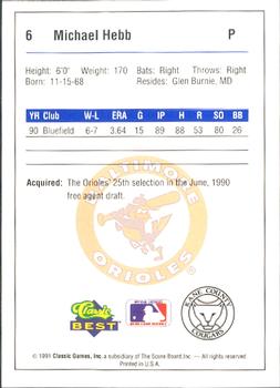 1991 Classic Best Kane County Cougars #6 Michael Hebb Back