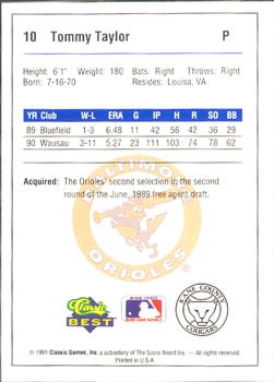 1991 Classic Best Kane County Cougars #10 Tommy Taylor Back
