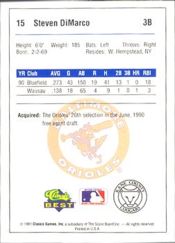 1991 Classic Best Kane County Cougars #15 Steven DiMarco Back