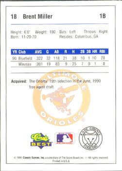 1991 Classic Best Kane County Cougars #18 Brent Miller Back