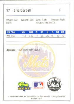 1991 Classic Best Kingsport Mets #17 Eric Corbell Back