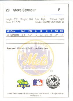 1991 Classic Best Kingsport Mets #20 Steve Seymour Back