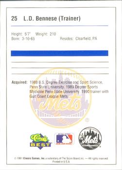 1991 Classic Best Kingsport Mets #25 L.D. Bennese Back