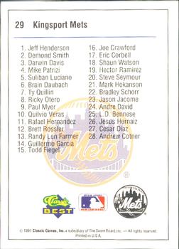 1991 Classic Best Kingsport Mets #29 Checklist Back