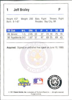 1991 Classic Best Lakeland Tigers #1 Jeff Braley Back