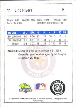 1991 Classic Best Lakeland Tigers #11 Lino Rivera Back