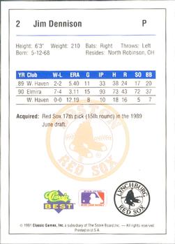 1991 Classic Best Lynchburg Red Sox #2 Jim Dennison Back