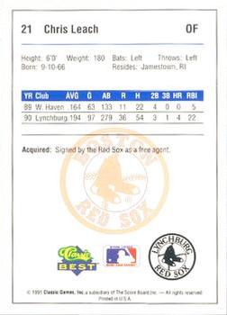 1991 Classic Best Lynchburg Red Sox #21 Chris Leach Back